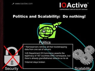 Politics and Scalability: Do nothing!
Politics
Security Scalability
• Nameservers retrieve all their bootstrapping
data fr...