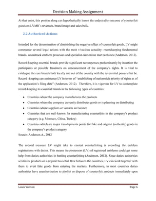 Decision Making Assignment

At that point, this portion along can hypothetically lessen the undesirable outcome of counterfeit
goods on LVMH’s revenues, brand image and sales bulk.

   2.2 Authorized Actions


Intended for the determination of diminishing the negative effect of counterfeit goods, LV might
commence several legal actions with the most vivacious actuality: recordkeeping fundamental
brands, soundtrack emblem processes and specialist care online mart websites (Anderson, 2012).

Record-keeping essential brands provide significant recompenses predominantly by insertion the
participants or possible fraudsters on announcement of the company’s rights. It is vital to
catalogue the core brands both locally and out of the country with the reverential powers that be.
Record -keeping can assistance LV in terms of “establishing of nationwide priority of rights as of
the application’s filing date” (Anderson, 2012). Therefore, it is vigorous for LV to contemplate
record-keeping its essential brands in the following types of countries:

       Countries where the company manufactures the products
       Countries where the company currently distributes goods or is planning on distributing
       Countries where suppliers or vendors are located
       Countries that are well-known for manufacturing counterfeits in the company’s product
       category (e.g. Morocco, China, Turkey)
       Countries which are major transhipments points for fake and original (authentic) goods in
       the company’s product category
Source: Anderson.A., 2012


The second measure LV might take to contest counterfeiting is recording the emblem
registrations with duties. This means the possessors (LV) of registered emblems could get some
help from duties authorities in battling counterfeiting (Anderson, 2012). Since duties authorities
scrutinize products on a regular basis that flow between the countries, LV can work together with
them to avert fake goods from entering the markets. Furthermore, in most countries duties
authorities have anauthorization to abolish or dispose of counterfeit products immediately upon




Louis Vuitton                                                                              Page 6
 