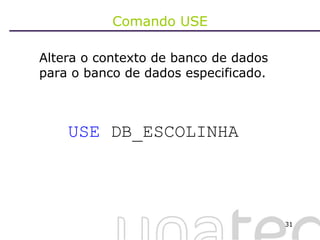 Comando USE Altera o contexto de banco de dados para o banco de dados especificado. USE  DB_ESCOLINHA 