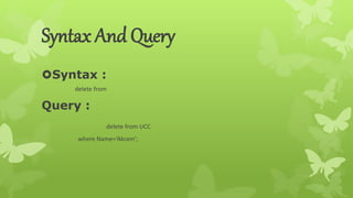 Syntax And Query
Syntax :
delete from
Query :
delete from UCC
where Name=‘Akram’;
 
