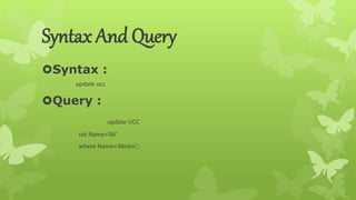 Syntax And Query
Syntax :
update ucc
Query :
update UCC
set Name=‘Ali’
where Name=‘Akram’;
 