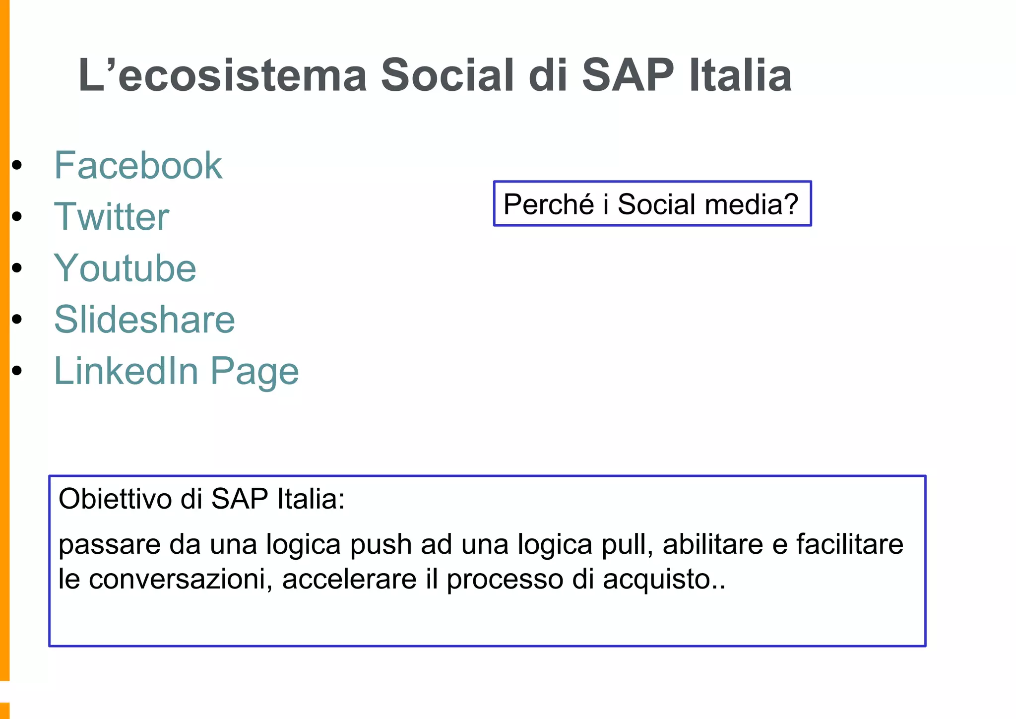 L’ecosistema Social di SAP Italia
•
•
•
•
•

Facebook
Twitter
Youtube
Slideshare
LinkedIn Page

Perché i Social media?

Obiettivo di SAP Italia:
passare da una logica push ad una logica pull, abilitare e facilitare
le conversazioni, accelerare il processo di acquisto..

 