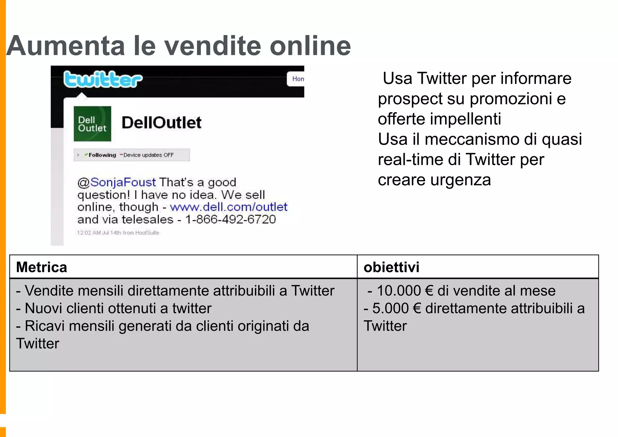 Aumenta le vendite online
Usa Twitter per informare
prospect su promozioni e
offerte impellenti
Usa il meccanismo di quasi
real-time di Twitter per
creare urgenza

Metrica

obiettivi

- Vendite mensili direttamente attribuibili a Twitter
- Nuovi clienti ottenuti a twitter
- Ricavi mensili generati da clienti originati da
Twitter

- 10.000 € di vendite al mese
- 5.000 € direttamente attribuibili a
Twitter

 
