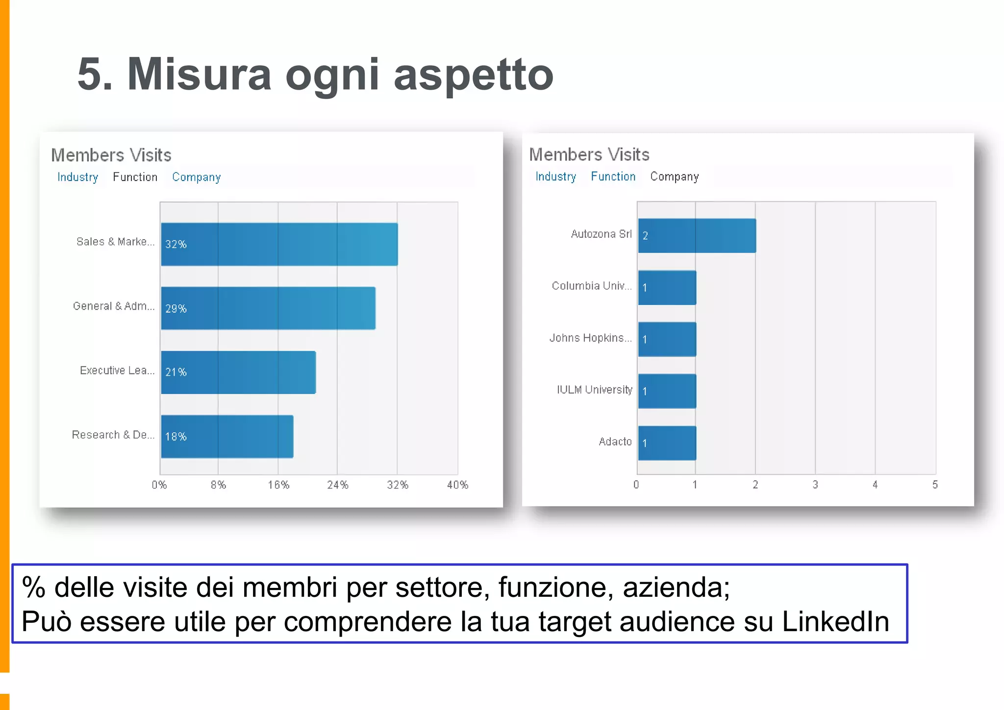 5. Misura ogni aspetto

% delle visite dei membri per settore, funzione, azienda;
Può essere utile per comprendere la tua target audience su LinkedIn

 