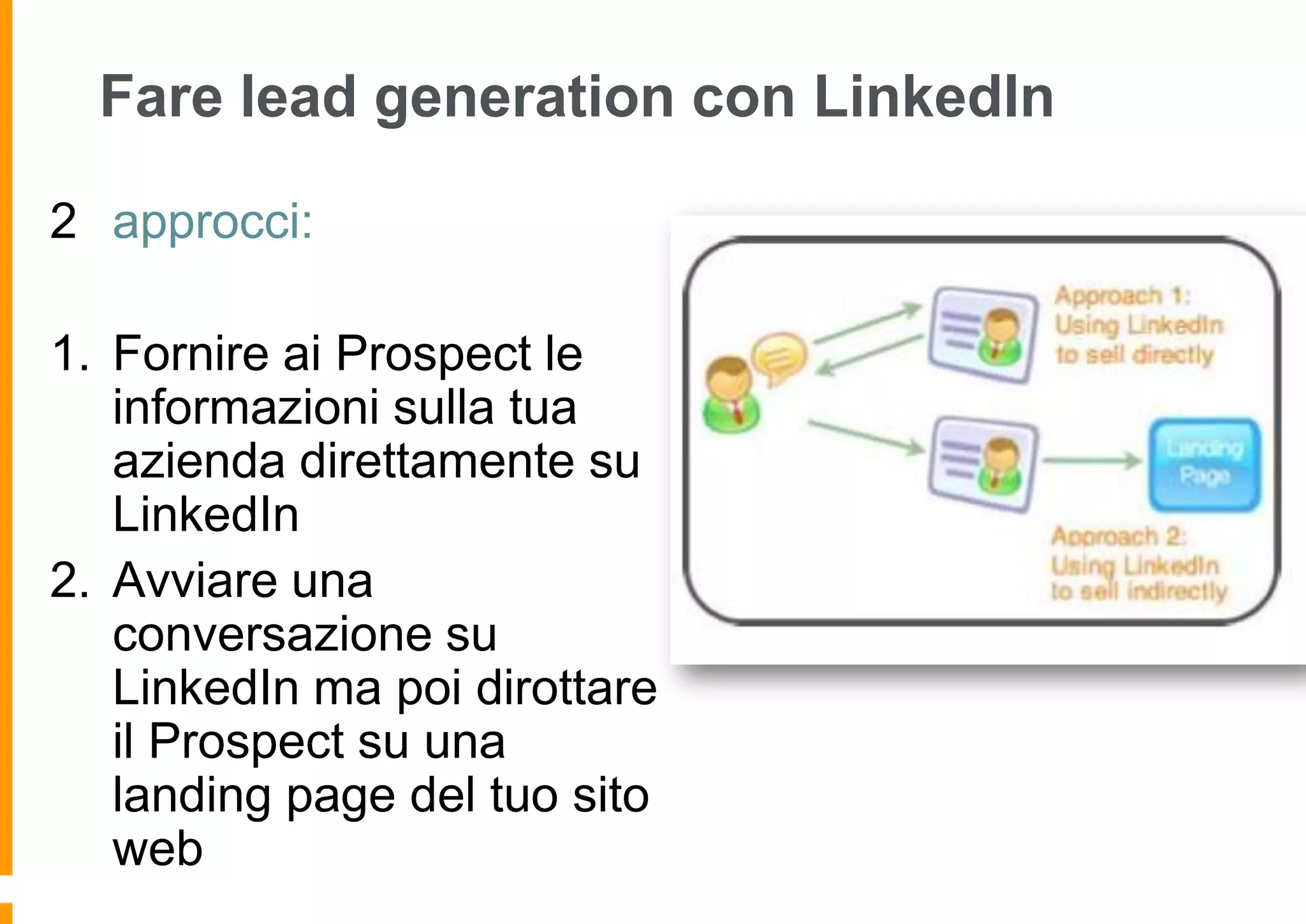 Fare lead generation con LinkedIn
2 approcci:
1. Fornire ai Prospect le
informazioni sulla tua
azienda direttamente su
LinkedIn
2. Avviare una
conversazione su
LinkedIn ma poi dirottare
il Prospect su una
landing page del tuo sito
web

 
