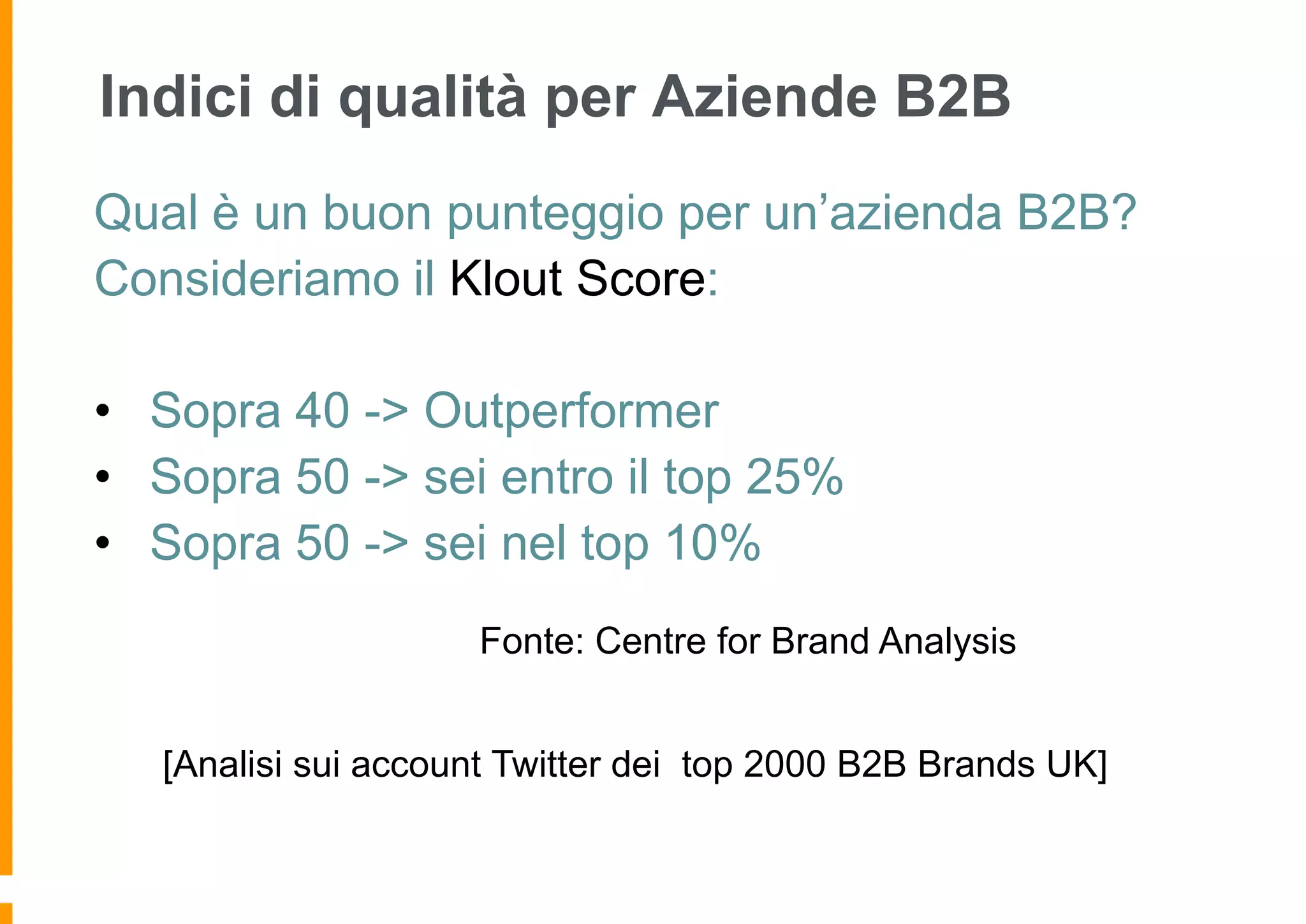 Indici di qualità per Aziende B2B
Qual è un buon punteggio per un’azienda B2B?
Consideriamo il Klout Score:
• Sopra 40 -> Outperformer
• Sopra 50 -> sei entro il top 25%
• Sopra 50 -> sei nel top 10%
Fonte: Centre for Brand Analysis
[Analisi sui account Twitter dei top 2000 B2B Brands UK]

 