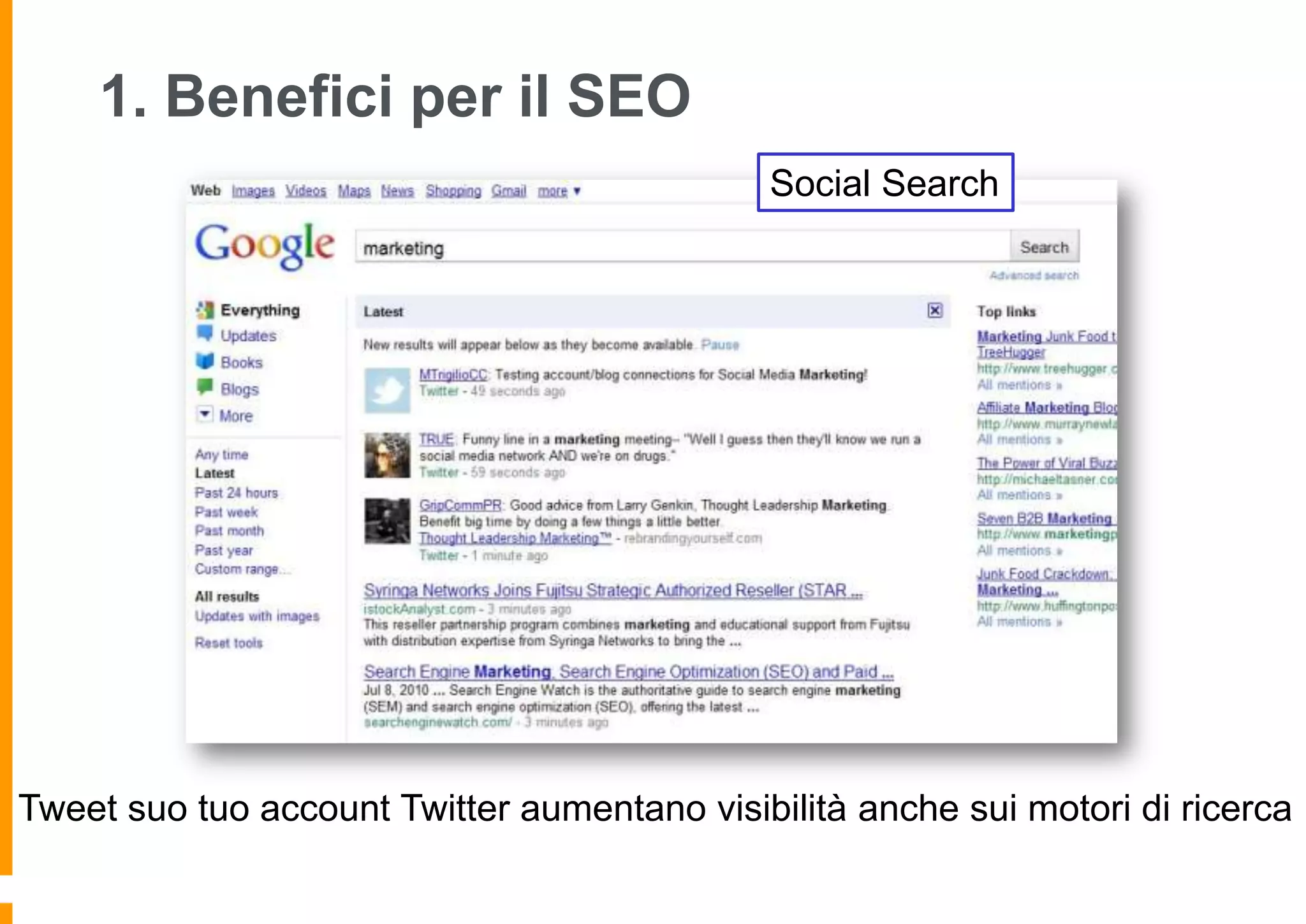 1. Benefici per il SEO
Social Search

Tweet suo tuo account Twitter aumentano visibilità anche sui motori di ricerca

 
