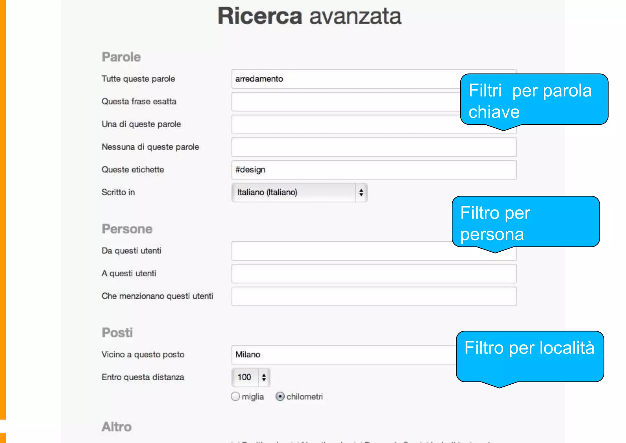 Filtri per parola
chiave

Filtro per
persona

Filtro per località

 