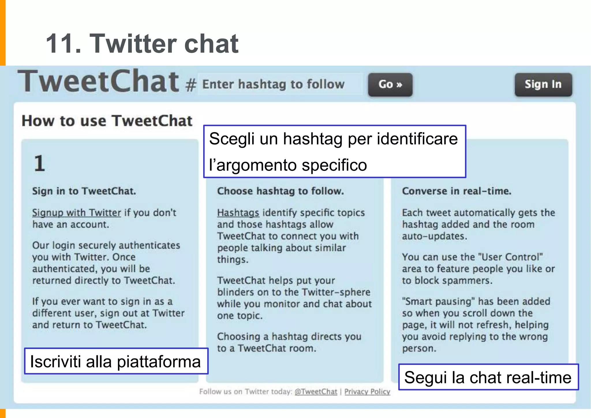 11. Twitter chat

Scegli un hashtag per identificare
l’argomento specifico

Iscriviti alla piattaforma
Segui la chat real-time

 
