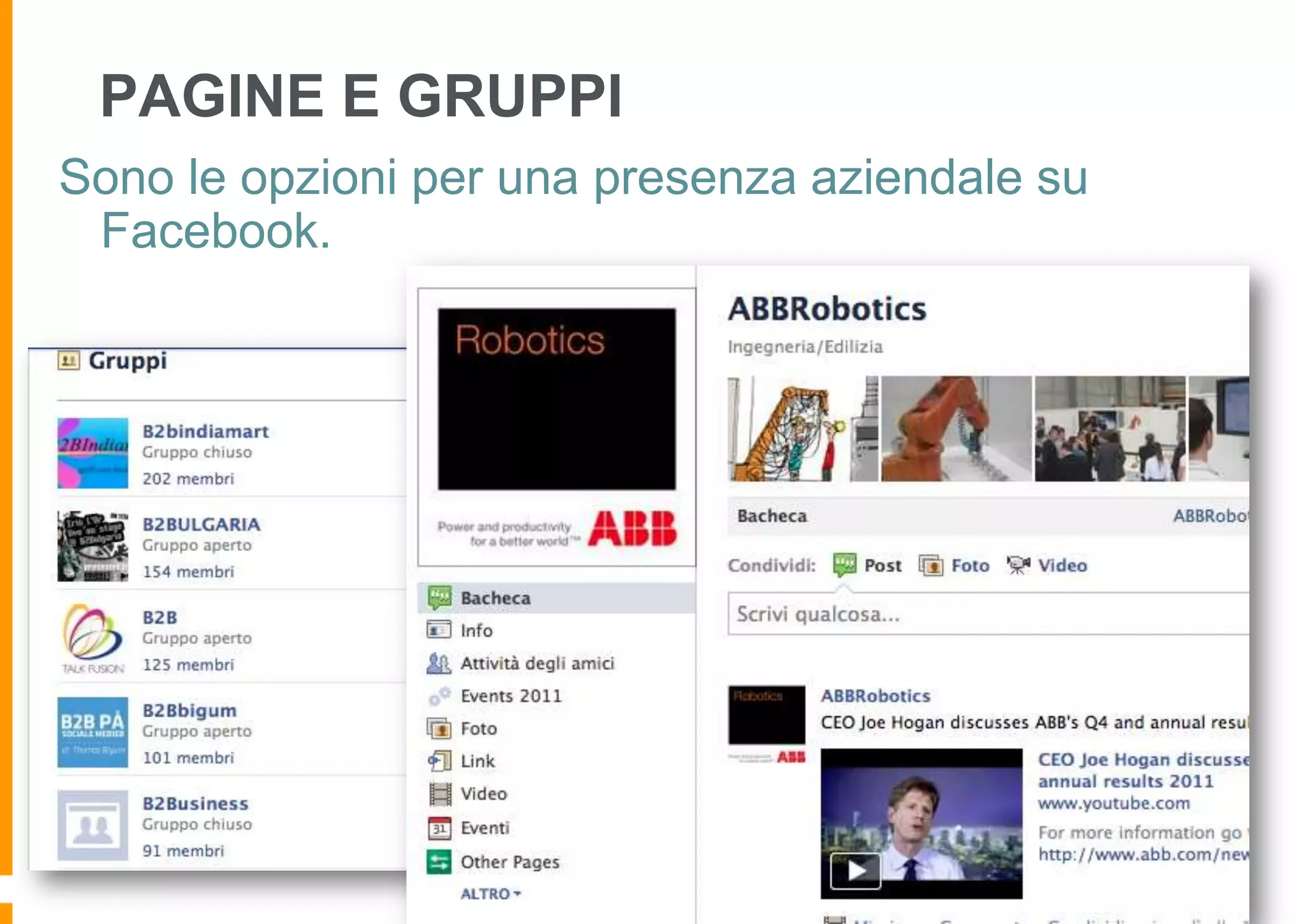 PAGINE E GRUPPI
Sono le opzioni per una presenza aziendale su
Facebook.

 