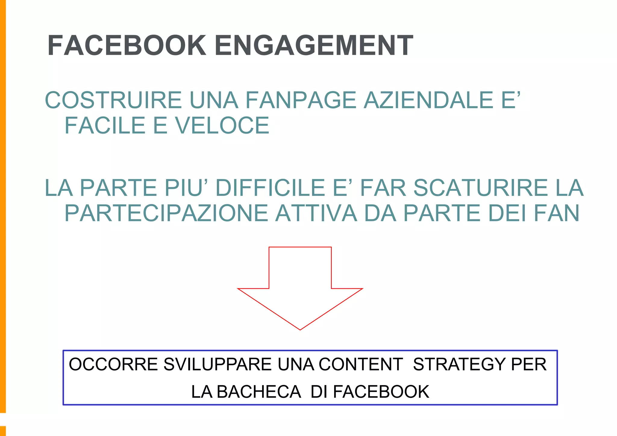 FACEBOOK ENGAGEMENT
COSTRUIRE UNA FANPAGE AZIENDALE E’
FACILE E VELOCE
LA PARTE PIU’ DIFFICILE E’ FAR SCATURIRE LA
PARTECIPAZIONE ATTIVA DA PARTE DEI FAN

OCCORRE SVILUPPARE UNA CONTENT STRATEGY PER
LA BACHECA DI FACEBOOK

 