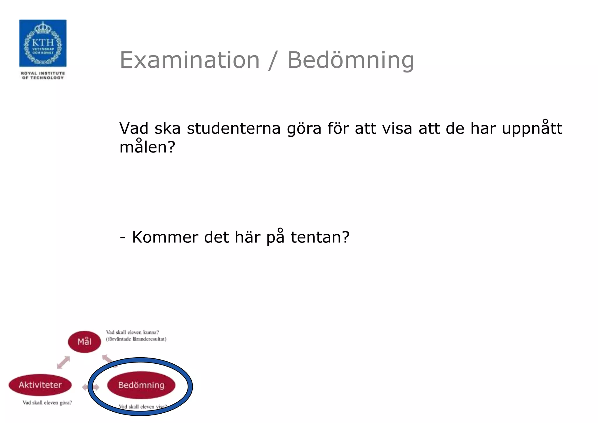 Examination / Bedömning

Vad ska studenterna göra för att visa att de har uppnått
målen?




- Kommer det här på tentan?
 