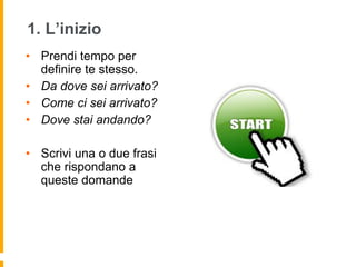 1. L’inizio 
• Prendi tempo per 
definire te stesso. 
• Da dove sei arrivato? 
• Come ci sei arrivato? 
• Dove stai andando? 
• Scrivi una o due frasi 
che rispondano a 
queste domande 
 