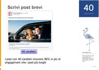 Scrivi post brevi
I post con 40 caratteri ricevono 86% in più di
engagement che i post più lunghi
48 caratteri
 