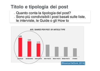 Leonardo Bellini - @dmlab www.propulse.academy
Titolo e tipologia dei post
Quanto conta la tipologia del post?
Sono più condivisibili i post basati sulle liste,
le interviste, le Guide o gli How to
[Ricerca OkDork,2014]
 