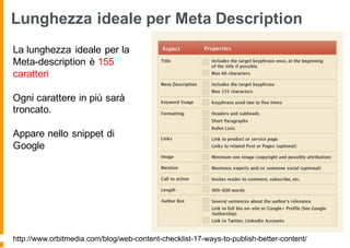 Lunghezza ideale per Meta Description
La lunghezza ideale per la
Meta-description è 155
caratteri
Ogni carattere in più sarà
troncato.
Appare nello snippet di
Google
http://www.orbitmedia.com/blog/web-content-checklist-17-ways-to-publish-better-content/
 
