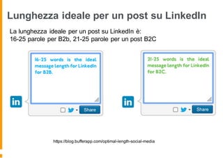 Lunghezza ideale per un post su LinkedIn
La lunghezza ideale per un post su LinkedIn è:
16-25 parole per B2b, 21-25 parole per un post B2C
https://blog.bufferapp.com/optimal-length-social-media
 
