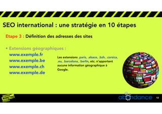 lorem ipsum5/27/20
12
SEO international : une stratégie en 10 étapes
Etape 3 : Déﬁnition des adresses des sites 
• Extensi...