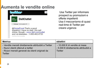 Aumenta le vendite online
                                                           Usa Twitter per informare
                                                          prospect su promozioni e
                                                          offerte impellenti
                                                          Usa il meccanismo di quasi
                                                          real-time di Twitter per
                                                          creare urgenza




Metrica                                                 obiettivi
- Vendite mensili direttamente attribuibili a Twitter    - 10.000 € di vendite al mese
- Nuovi clienti ottenuti a twitter                      - 5.000 € direttamente attribuibili a
- Ricavi mensili generati da clienti originati da       Twitter
Twitter



     28
 