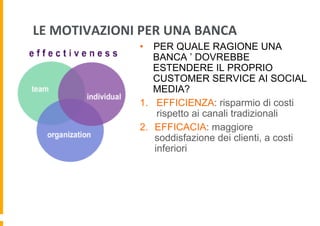 LE	
  MOTIVAZIONI	
  PER	
  UNA	
  BANCA	
  
•  PER QUALE RAGIONE UNA
BANCA ’ DOVREBBE
ESTENDERE IL PROPRIO
CUSTOMER SERVICE AI SOCIAL
MEDIA?
1.  EFFICIENZA: risparmio di costi
rispetto ai canali tradizionali
2.  EFFICACIA: maggiore
soddisfazione dei clienti, a costi
inferiori

 