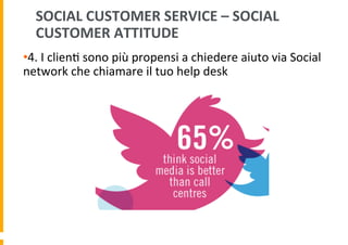 SOCIAL	
  CUSTOMER	
  SERVICE	
  –	
  SOCIAL	
  
CUSTOMER	
  ATTITUDE	
  
• 4.	
  I	
  clien6	
  sono	
  più	
  propensi	
  a	
  chiedere	
  aiuto	
  via	
  Social	
  
network	
  che	
  chiamare	
  il	
  tuo	
  help	
  desk	
  

 