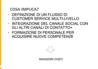 COSA	
  IMPLICA?	
  
•  DEFINIZIONE DI UN FLUSSO DI
CUSTOMER SERVICE MULTI-LIVELLO
•  INTEGRAZIONE DEL CANALE SOCIAL CON
GLI ALTRI CANALI DI CONTATTO+
•  FORMAZIONE DI PERSONALE PER
ACQUISIRE NUOVE COMPETENZE

MAGGIORI COSTI

 