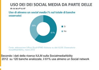 USO	
  DEI	
  DEI	
  SOCIAL	
  MEDIA	
  DA	
  PARTE	
  DELLE	
  
BANCHE	
  

Secondo i dati della ricerca IULM sulla SocialmediaAbility
2012 su 120 banche analizzate, il 61% usa almeno un Social network

 