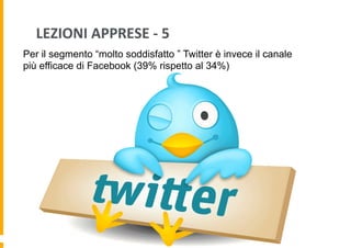 LEZIONI	
  APPRESE	
  -­‐	
  5	
  
Per il segmento “molto soddisfatto ” Twitter è invece il canale
più efficace di Facebook (39% rispetto al 34%)

 
