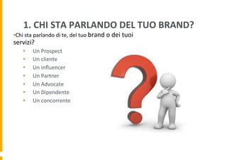 1.	
  CHI	
  STA	
  PARLANDO	
  DEL	
  TUO	
  BRAND?	
  

• Chi	
  sta	
  parlando	
  di	
  te,	
  del	
  tuo	
  brand	
  o	
  dei	
  tuoi	
  

servizi?	
  
• 
• 
• 
• 
• 
• 
• 

Un	
  Prospect	
  
Un	
  cliente	
  
Un	
  inﬂuencer	
  
Un	
  Partner	
  
Un	
  Advocate	
  
Un	
  Dipendente	
  
Un	
  concorrente	
  

 