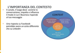 L’IMPORTANZA	
  DEL	
  CONTESTO	
  

• 

Il	
  canale,	
  il	
  luogo	
  dove	
  	
  avviene	
  la	
  
conversazione,	
  impaDa	
  e	
  inﬂuenza	
  	
  
il	
  modo	
  in	
  cui	
  il	
  Business	
  risponde	
  
al	
  tuo	
  messaggio	
  

• 

Una	
  risposta	
  su	
  Facebook	
  
potrebbe	
  avere	
  un	
  esito	
  diﬀerente	
  
che	
  su	
  LinkedIn	
  

 