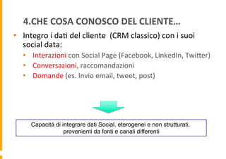 4.CHE	
  COSA	
  CONOSCO	
  DEL	
  CLIENTE…	
  
•  Integro	
  i	
  da6	
  del	
  cliente	
  	
  (CRM	
  classico)	
  con	
  i	
  suoi	
  
social	
  data:	
  
•  Interazioni	
  con	
  Social	
  Page	
  (Facebook,	
  LinkedIn,	
  TwiDer)	
  
•  Conversazioni,	
  raccomandazioni	
  
•  Domande	
  (es.	
  Invio	
  email,	
  tweet,	
  post)	
  

Capacità di integrare dati Social, eterogenei e non strutturati,
provenienti da fonti e canali differenti

 