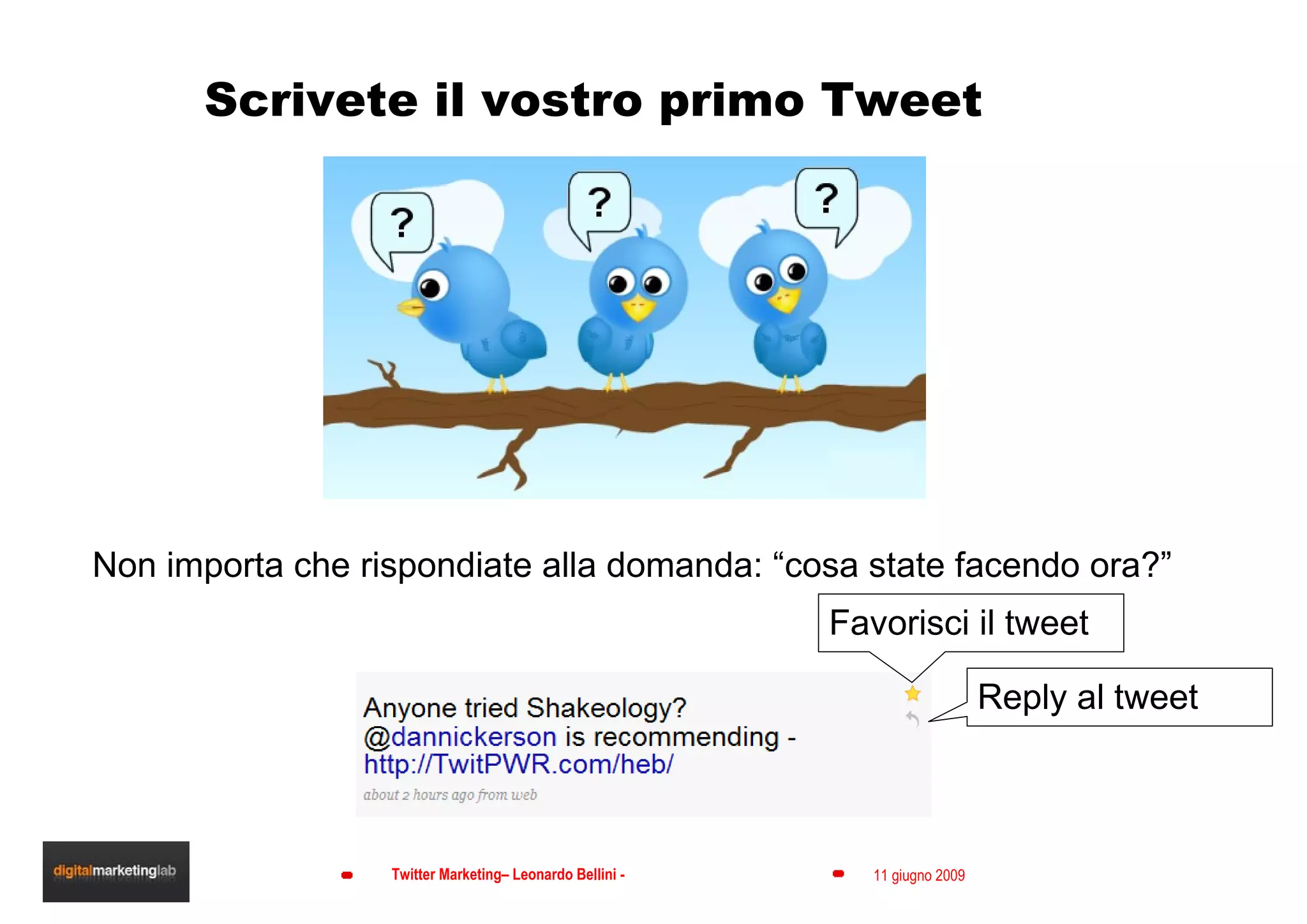Scrivete il vostro primo Tweet Non importa che rispondiate alla domanda: “cosa state facendo ora?” Favorisci il tweet Reply al tweet 