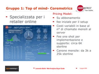 Gruppo 1: Top of mind- Coremetrics Specializzata per i retailer online Pricing Model: Su abbonamento fee iniziale per il setup Costi variabili in base al n° di chiamate mensili al server Fee one shot per implementazione e supporto: circa 6K sterline Canone mensile: da 3k a 25k sterline 