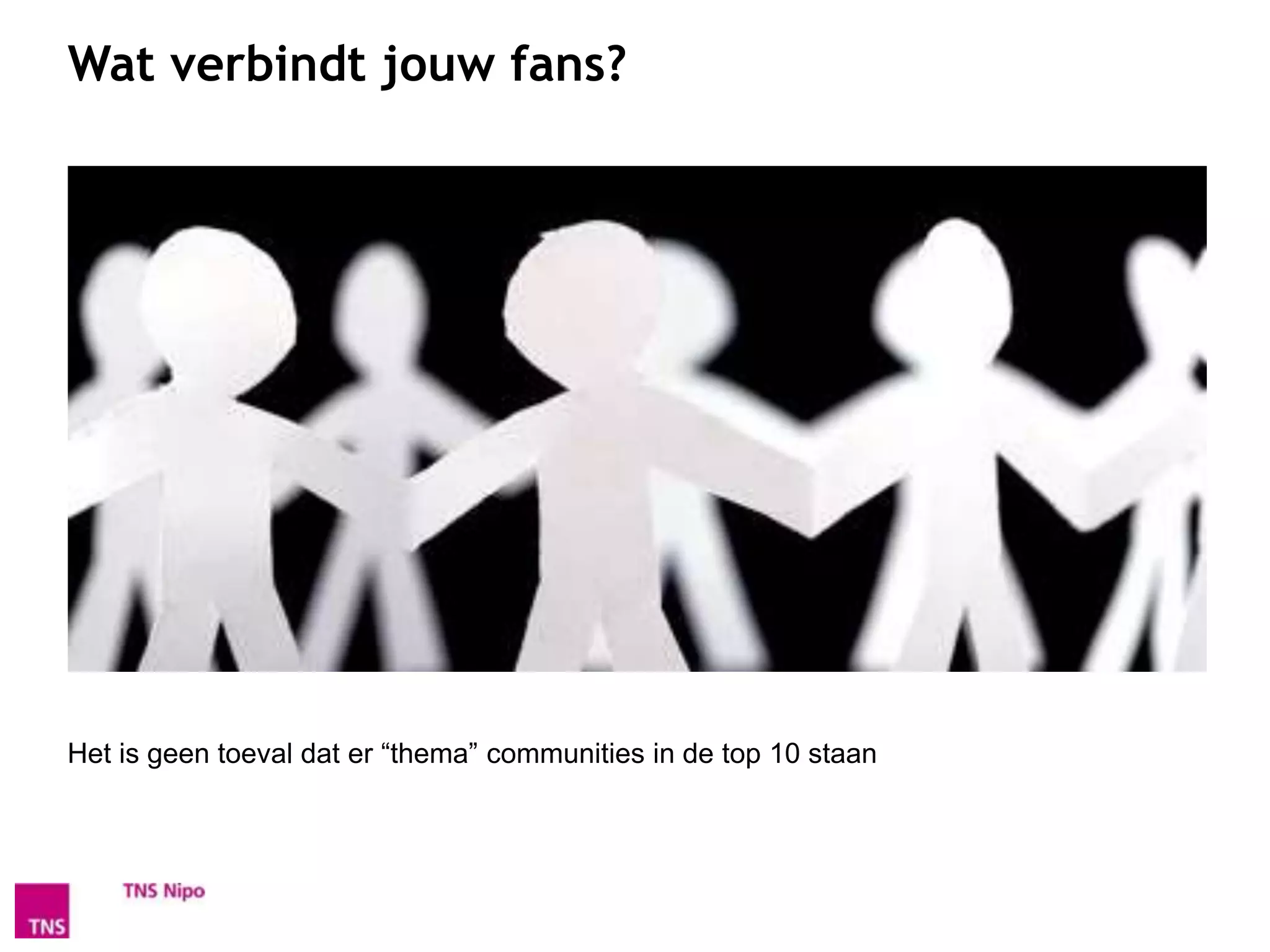 Wat verbindt jouw fans?




Het is geen toeval dat er “thema” communities in de top 10 staan
 