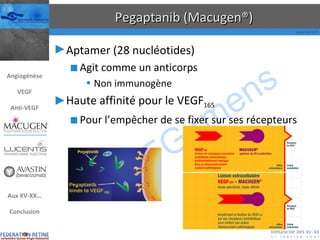 Pegaptanib (Macugen®) Aptamer (28 nucléotides) Agit comme un anticorps Non immunogène Haute affinité pour le VEGF 165 Pour l’empêcher de se fixer sur ses récepteurs Angiogénèse VEGF Anti-VEGF Aux XV-XX… Conclusion 