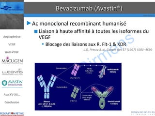 Bevacizumab (Avastin®) Ac monoclonal recombinant humanisé Liaison à haute affinité à toutes les isoformes du VEGF Blocage des liaisons aux R. Flt-1 & KDR L.G. Presta & al. Cancer Res 57 (1997) 4593–4599 Angiogénèse VEGF Anti-VEGF Aux XV-XX… Conclusion 