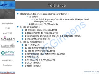 Tolérance Déclaration des effets secondaires sur internet : 70 centres USA, Brésil, Argentine, Costa Rica, Venezuela, Mexique, Israel, Allemagne, Autriche 7.113 injections / 5.228 patients EI liés à l’injection : 11 érosions cornéennes (0,15%) 3 décollements de rétine (0,04%) 1 traumatisme cristalinien (0,01%) & 1 cataracte (0,01%) 1 endophthalmie (0,01%) EI liés au médicament : 15 HTA (0,21%) 10 cas d’inflammation (0,15%) 10 cas de BAV brutale (0,15%) 3 hémorragies sous-rétiniennes (0,04%) 1 HTO (0,01%) 1 AIT (0,01%) & 2 AVC (0,03%) 1 OACR (0,01%) 1 décès (0,01%)     Angiogénèse VEGF Anti-VEGF Aux XV-XX… Conclusion 
