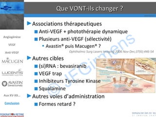 Que VONT-ils changer ? Associations thérapeutiques Anti-VEGF + photothérapie dynamique Plusieurs anti-VEGF (sélectivité) Avastin® puis Macugen® ? Ophthalmic Surg Lasers Imaging 2006 Nov-Dec;37(6):446-54  Autres cibles (si)RNA : bevasiranib VEGF trap Inhibiteurs Tyrosine Kinase Squalamine Autres voies d’administration Formes retard ? Angiogénèse VEGF Anti-VEGF Aux XV-XX… Conclusion 