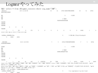 11

Logmnrやってみた
SQL> select * from v$logmnr_contents where seg_name='EMP';
88915714
0A001F00EC290000

10/11 14:43:00

10

31

DDL
EMP
EMP

10732 0A001F00EC290000

5

10

31

10732

0 XPRT

2 TABLE
AAAAAAAAAAAAAAAAAB

UNKNOWN
UNKNOWN
UNKNOWN
0

0

0

UNKNOWN
1
1
161
6
create table emp as select * from scott.emp;
0x0000a1.00000006.00ac
0
16520

172

3

0

0

0

0

0

0

0

41891

1

0

0 USER DDL (PlSql=0 RecDep=0)

16521

88915958
07000300F8290000

10/11 14:45:06

INSERT
EMP
EMP
XPRT
UNKNOWN
UNKNOWN
UNKNOWN

7

3

10744 07000300F8290000

1

7

3

10744

0 XPRT

2 TABLE
AAAKOjAAHAAAD+5AAA

0

0

0

UNKNOWN
1
1
161
44
444
3 12583784
26
7098
7
7
16313
41891
0
41891
insert into "XPRT"."EMP"("EMPNO","ENAME","JOB","MGR","HIREDATE","SAL","COMM","DEPTNO") values ('9999','KISHIMOTO','CONS',NULL,TO_DATE('05/01 00:00:00', 'mm/dd
hh24:mi:ss'),'5000000',NULL,'10');
delete from "XPRT"."EMP" where "EMPNO" = '9999' and "ENAME" = 'KISHIMOTO' and "JOB" = 'CONS' and "MGR" IS NULL and "HIREDATE" = TO_DATE('05/01 00:00:00', 'mm/dd
hh24:mi:ss') and "SAL" = '5000000' and "COMM" IS NULL and "
DEPTNO" = '10' and ROWID = 'AAAKOjAAHAAAD+5AAA';
0x0000a1.0000002c.01bc
0
0 no supplemental log data found
3
16592
16593

 