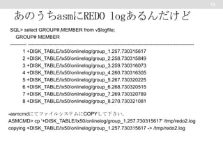 13

あのうちasmにREDO logあるんだけど
SQL> select GROUP#,MEMBER from v$logfile;
GROUP# MEMBER
---------- ---------------------------------------------------------------------------------------------------1 +DISK_TABLE/lx50/onlinelog/group_1.257.730315617
2 +DISK_TABLE/lx50/onlinelog/group_2.258.730315849
3 +DISK_TABLE/lx50/onlinelog/group_3.259.730316073
4 +DISK_TABLE/lx50/onlinelog/group_4.260.730316305
5 +DISK_TABLE/lx50/onlinelog/group_5.267.730320225
6 +DISK_TABLE/lx50/onlinelog/group_6.268.730320515
7 +DISK_TABLE/lx50/onlinelog/group_7.269.730320789
8 +DISK_TABLE/lx50/onlinelog/group_8.270.730321081
-asmcmdにてファイルシステムにCOPYして下さい。
ASMCMD> cp '+DISK_TABLE/lx50/onlinelog/group_1.257.730315617' /tmp/redo2.log
copying +DISK_TABLE/lx50/onlinelog/group_1.257.730315617 -> /tmp/redo2.log

 