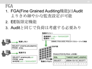 23

FGA
1. FGA(Fine Grained Auditing機能)はAudit

よりきめ細やかな監査設定が可能
2. EE版限定機能
3. Auditと同じで負荷は考慮する必要あり

 