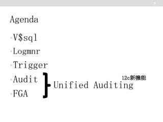 5

Agenda
• V$sql
• Logmnr

• Trigger
• Audit
• FGA

Unified Auditing

 
