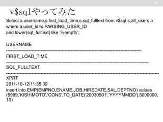 8

v$sqlやってみた
Select a.username,s.first_load_time,s.sql_fulltext from v$sql s,all_users a
where a.user_id=s.PARSING_USER_ID
and lower(sql_fulltext) like ‘%emp%’;
USERNAME
-----------------------------------------------------------------------------------------FIRST_LOAD_TIME
----------------------------------------------------------------------------------------------SQL_FULLTEXT
-----------------------------------------------------------------------------------------------------XPRT
2011-10-12/11:35:39
insert into EMP(EMPNO,ENAME,JOB,HIREDATE,SAL,DEPTNO) values
(9999,'KISHIMOTO','CONS',TO_DATE('20030501','YYYYMMDD'),5000000,
10)

 