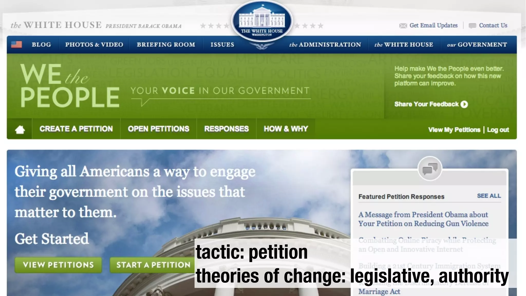tactic: petition
theories of change: legislative, authority
 