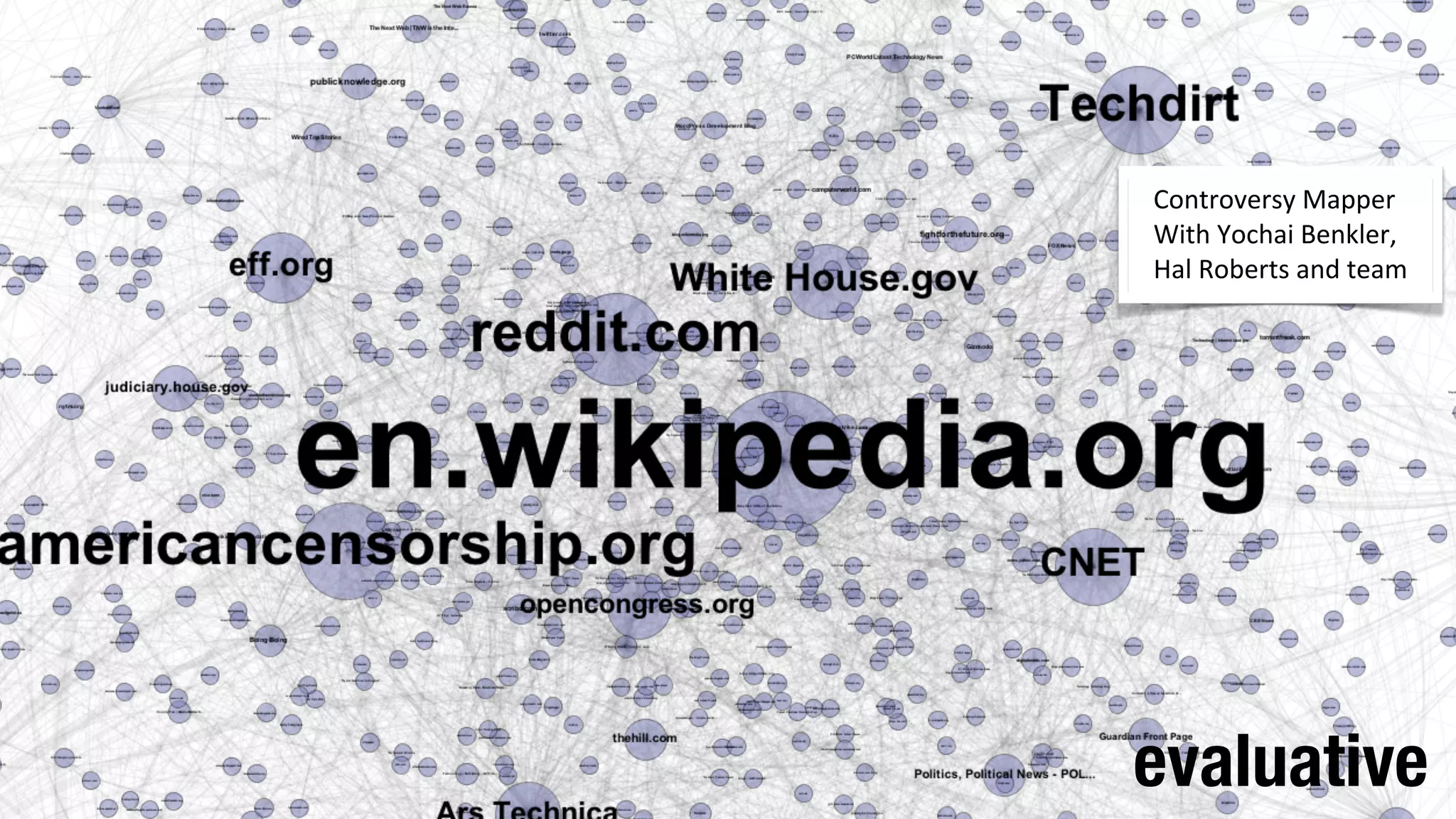 Controversy	
  Mapper
With	
  Yochai	
  Benkler,
Hal	
  Roberts	
  and	
  team




evaluative
 