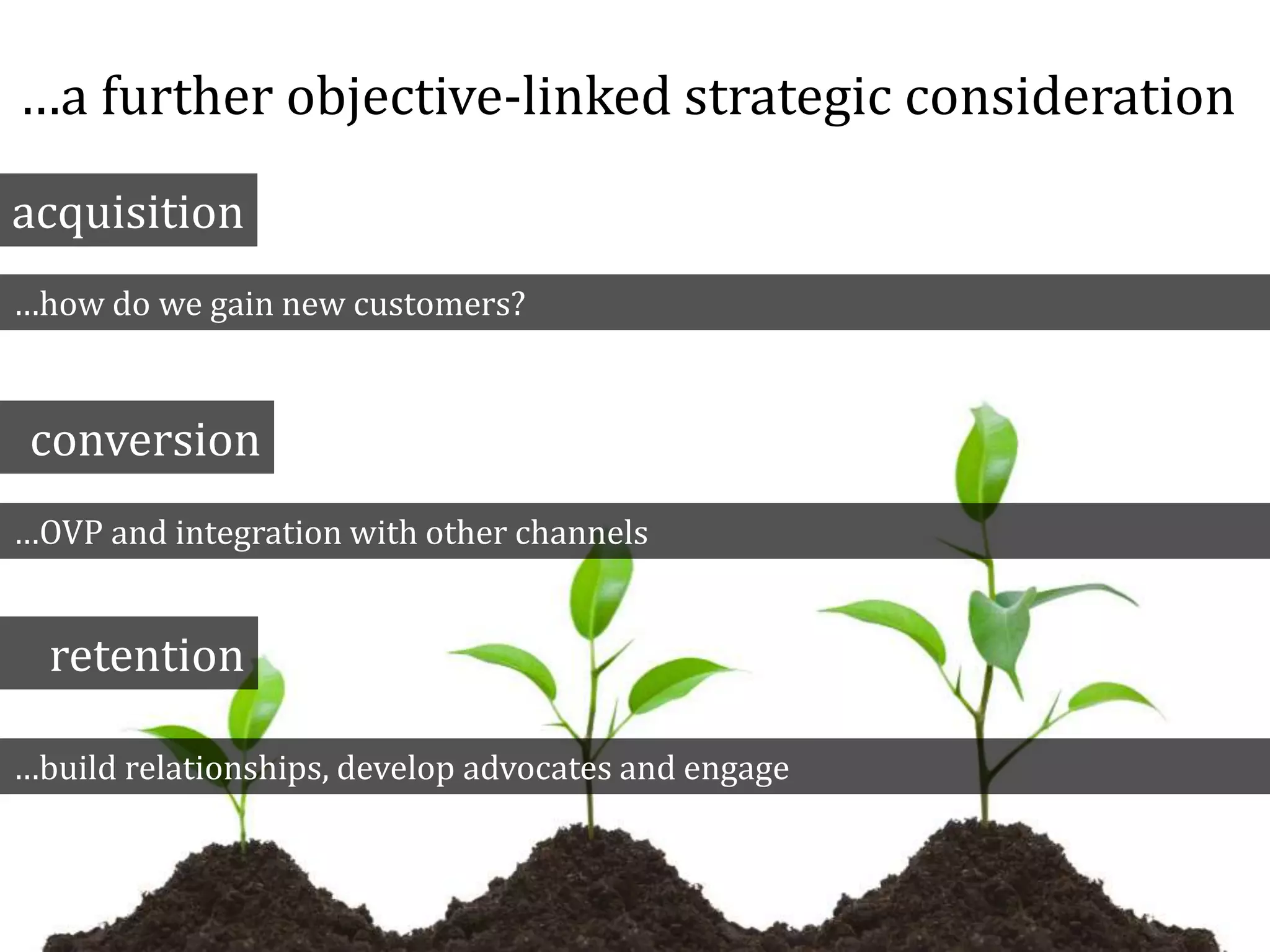 …a further objective-linked strategic consideration
acquisition
conversion
retention
…how do we gain new customers?
…OVP and integration with other channels
…build relationships, develop advocates and engage
 
