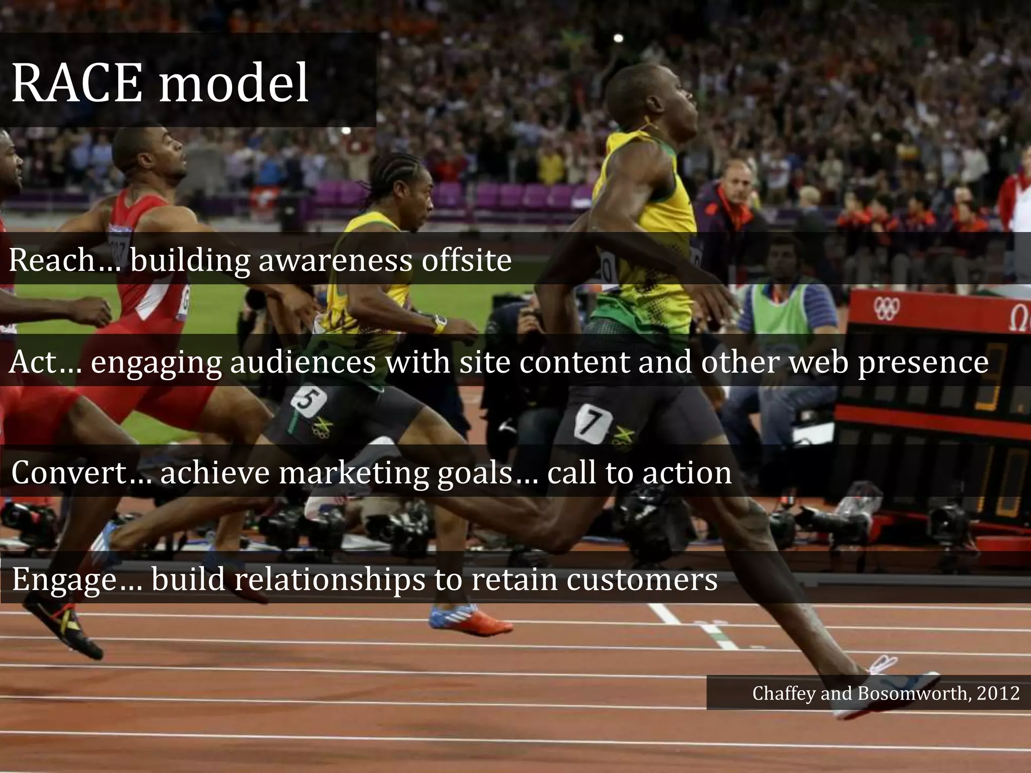 RACE model
Reach… building awareness offsite
Act… engaging audiences with site content and other web presence
Convert… achieve marketing goals… call to action
Engage… build relationships to retain customers
Chaffey and Bosomworth, 2012
 