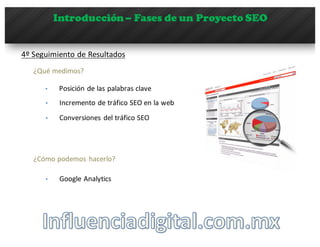 Introducción– Fases de un Proyecto SEO
4º	
  Seguimiento	
  de	
  Resultados
¿Qué medimos?
• Posición de	
  las palabras clave
• Incremento de	
  tráfico SEO	
  en	
  la	
  web
¿Cómo podemos hacerlo?
• Google	
  Analytics
• Conversiones del	
  tráfico SEO
 