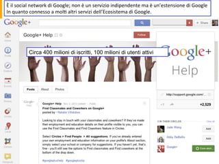 È	
  il	
  social	
  network	
  di	
  Google;	
  non	
  è	
  un	
  servizio	
  indipendente	
  ma	
  è	
  un’estensione	
  di	
  Google	
  
In	
  quanto	
  connesso	
  a	
  mol1	
  altri	
  servizi	
  dell’Ecosistema	
  di	
  Google.	
  
Circa 400 milioni di iscritti, 100 milioni di utenti attivi
 