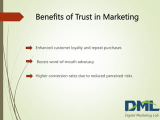 Benefits of Trust in Marketing
Enhanced customer loyalty and repeat purchases
Boosts word-of-mouth advocacy
Higher conversion rates due to reduced perceived risks
 